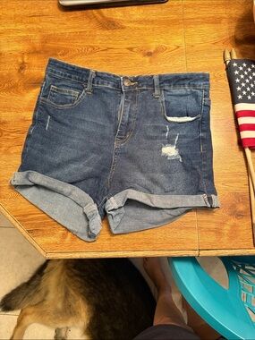 SHEIN Dark Blue Rolled Cuff Distressed Denim Shorts